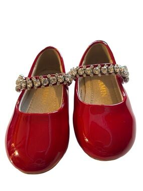 Girls Red Mary Jane Ballet Flats with Rhinestone Strap Size 5